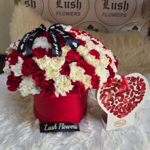 carnation box and bolci chocolate.anniversary flowers delivery in lavington. get well soon flowers in parklands