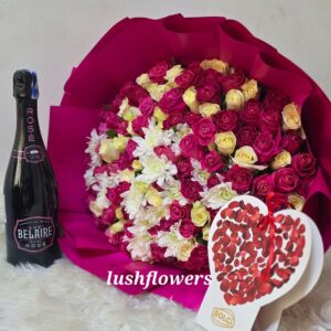 Blushing belaire and chocolate. romantic flowers in parklands